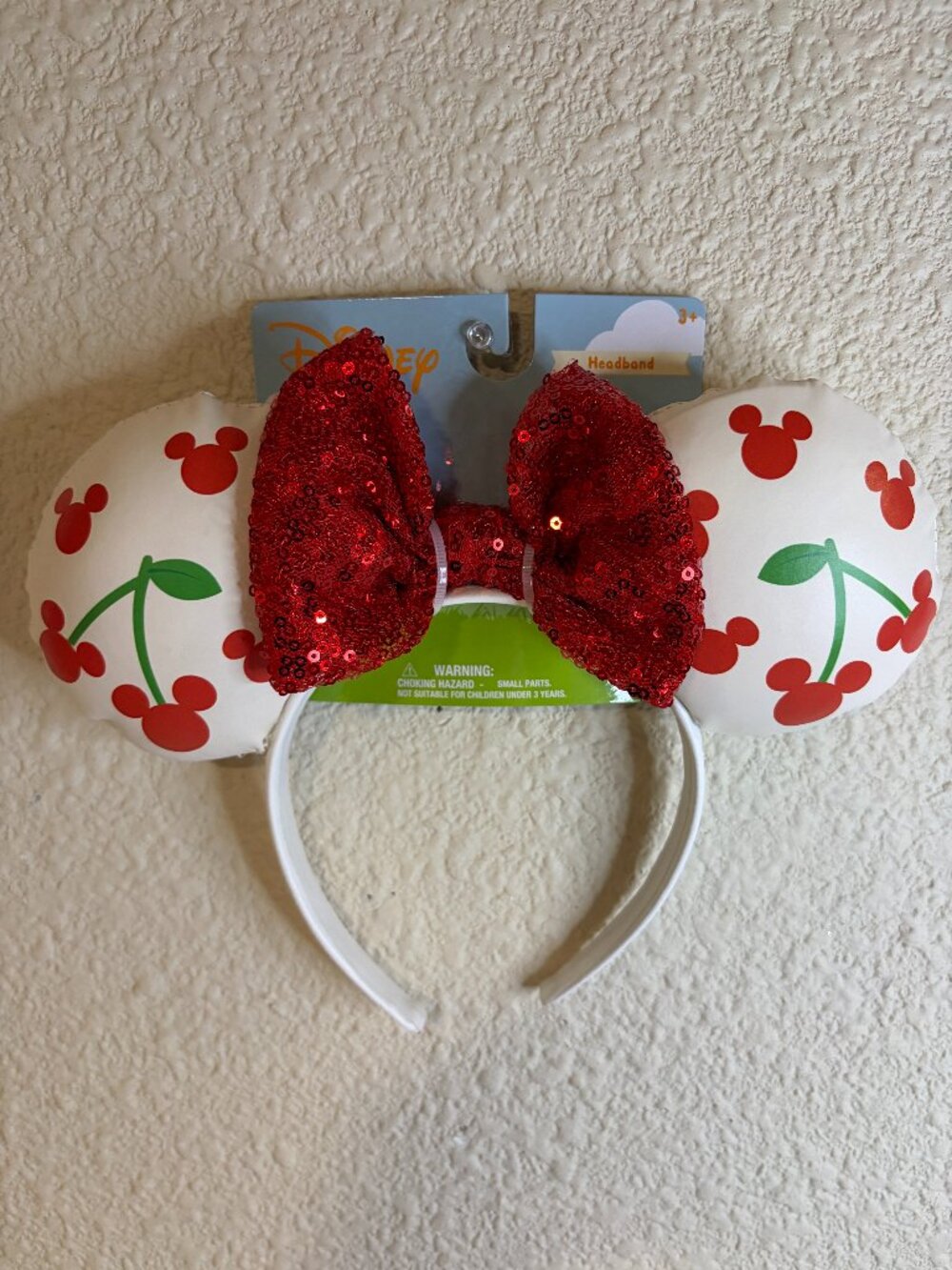 Disney Mickey Mouse Cherry Ears Headband Red Sequin Bow Cherries NWT